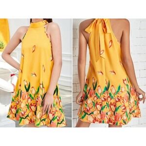 Floerns Yellow Halter Skater Flower Dress Sz L NWT‎
